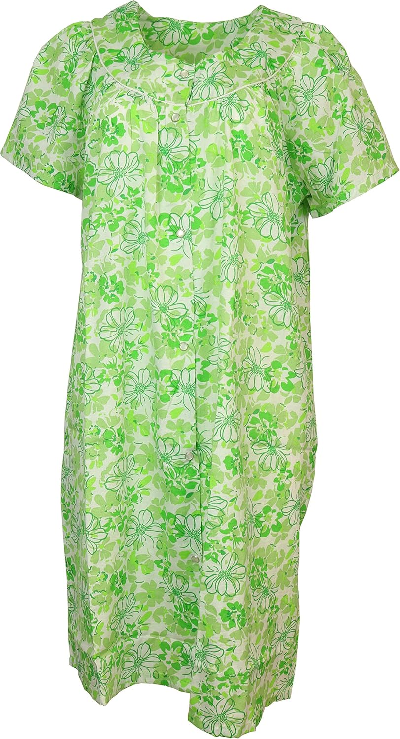 Sindrella Women's Plus Size Cotton Blend House Dress Duster Robe, Snap Front, Pockets (2X, Green