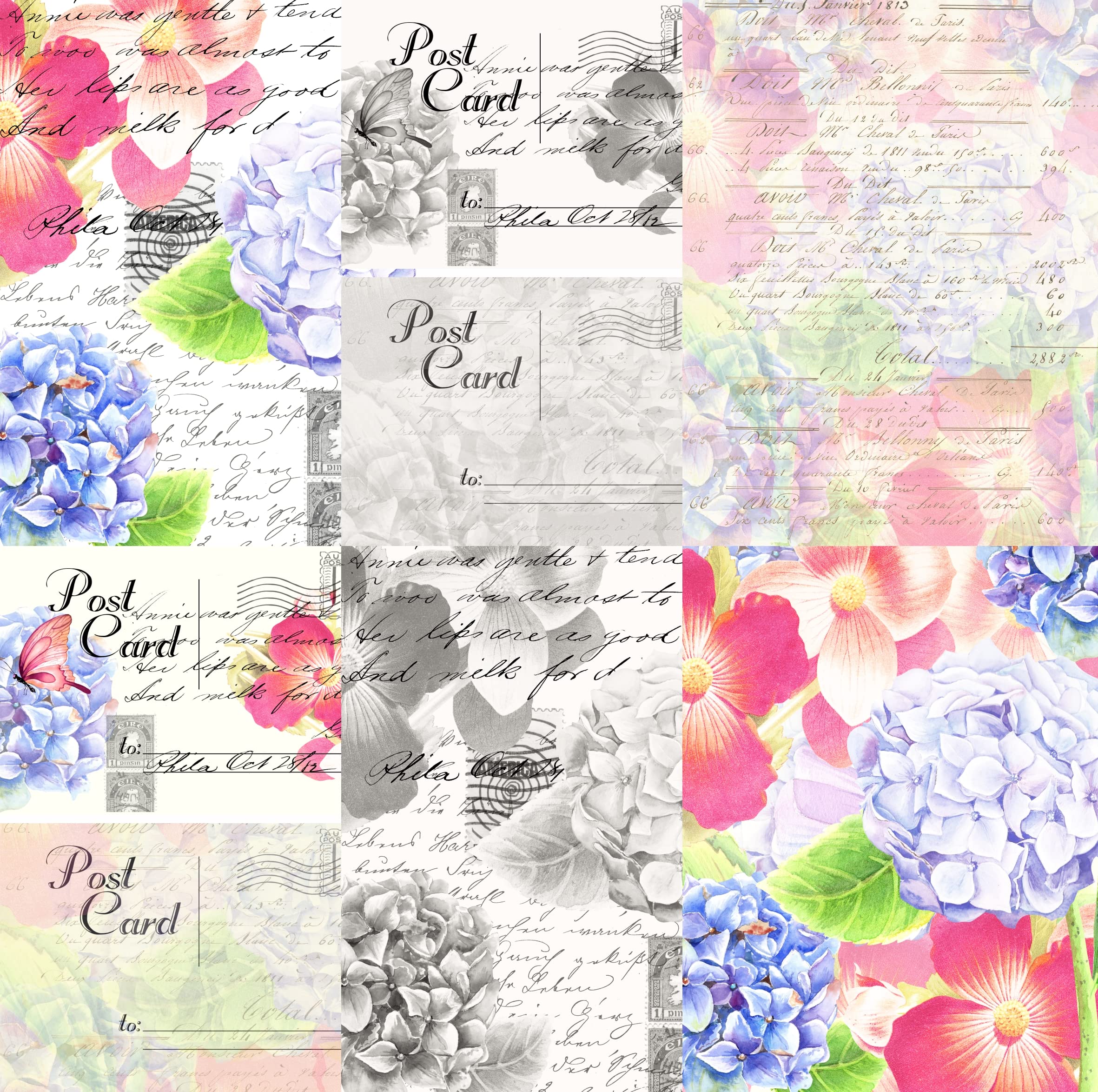 Hydrangea Theme Mulberry Rice Paper, 20.5 x 26.5cm - 6 x Different Printed Mulberry Paper Images 30gsm Visible Fibres for Decoupage Crafts Mixed Media Collage Art