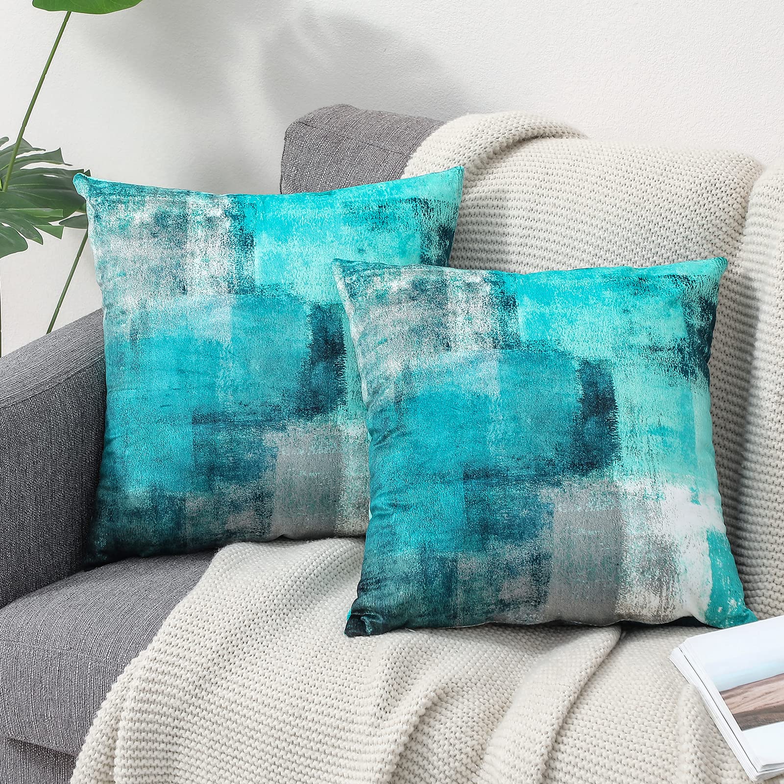OYIMUA Set of 2 Decorative Velvet Cushion Covers 50 x 50 cm Abstract Art Decor Pillow Case Teal Cushion Cover 20x20 inches for Outdoor Patio Garden Blench Living Room Sofa Farmhouse Decor