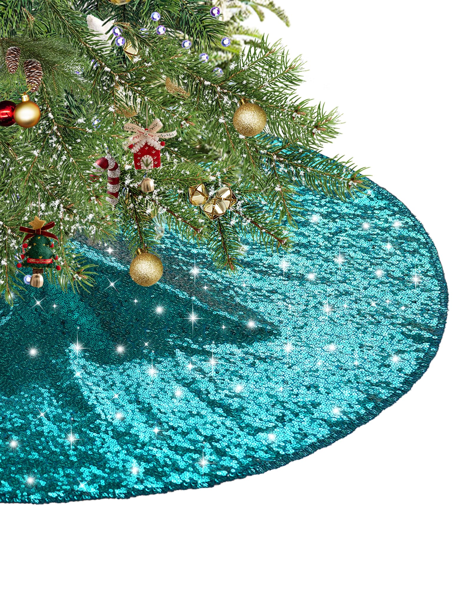 Eternal Beauty Teal Sequin Tree Skirt 50Inch Christmas Tree Skirt Embroidered Sparkly Xmas Tree Ornament Christmas Decoration