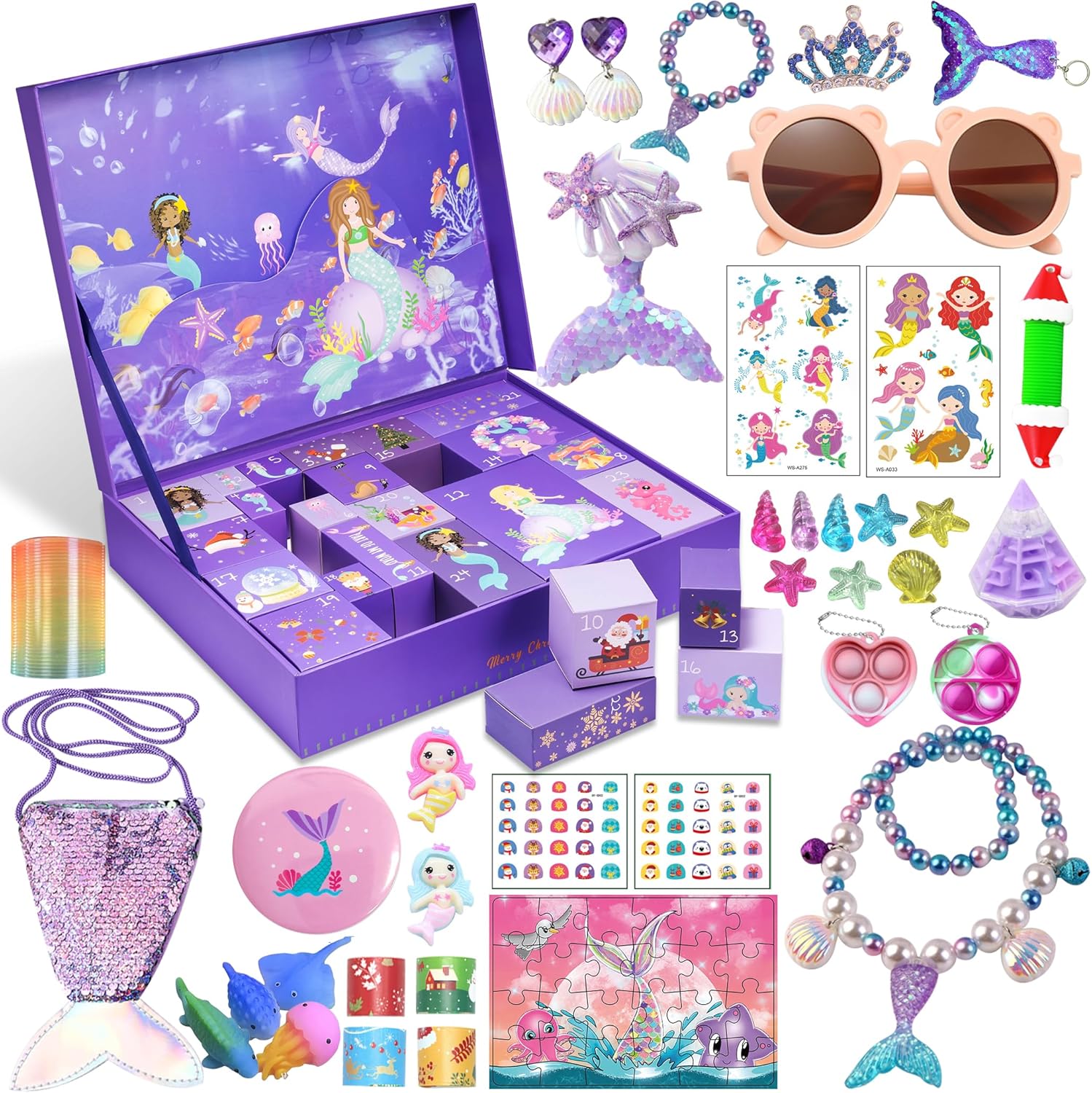 Advent Calendars - Advent Calendar 2023 for Girls - 24 Days Surprise Christmas Mermaid Gift Box - Christmas Countdown Kids Advent Calendars - Mermaid XMAS Gifts Including Hair Accessories, Fidget Toys