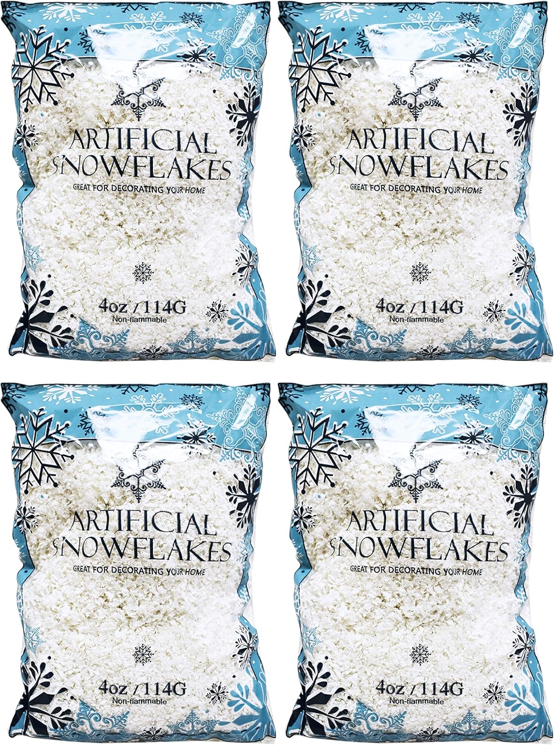 Artificial Snow - Black Duck Brand Set of 4 Snow Artificial Flakes 4 Oz Bags! Festive Fake Snow for Crafts, Christmas, and Decor!