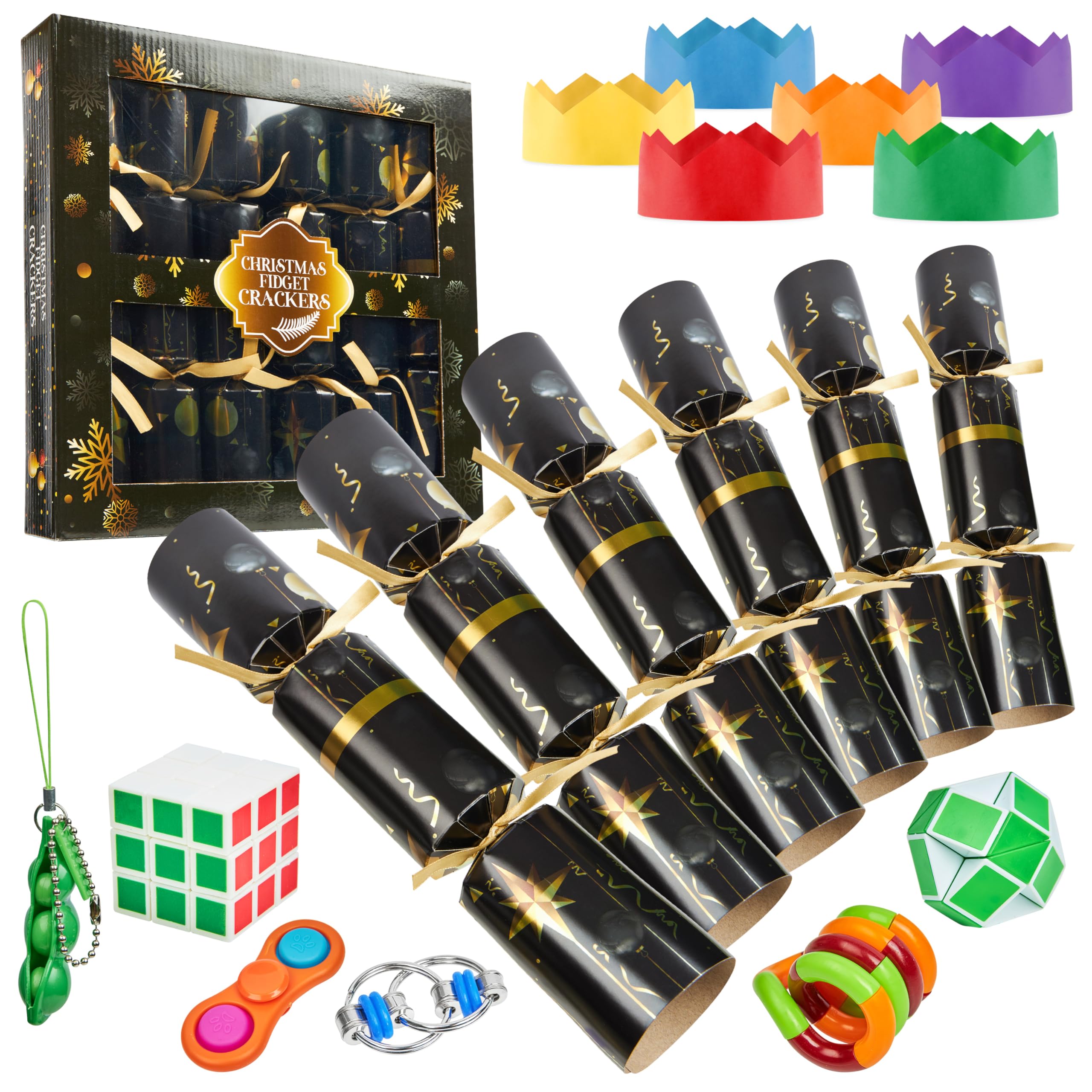 KreativeKraft Luxury Pop Christmas Crackers, Pack of 6 Deluxe Xmas Crackers, Family-Friendly Novelty Xmas Gifts, Fun Party Table & Christmas Decorations (Black Fidget Toys)