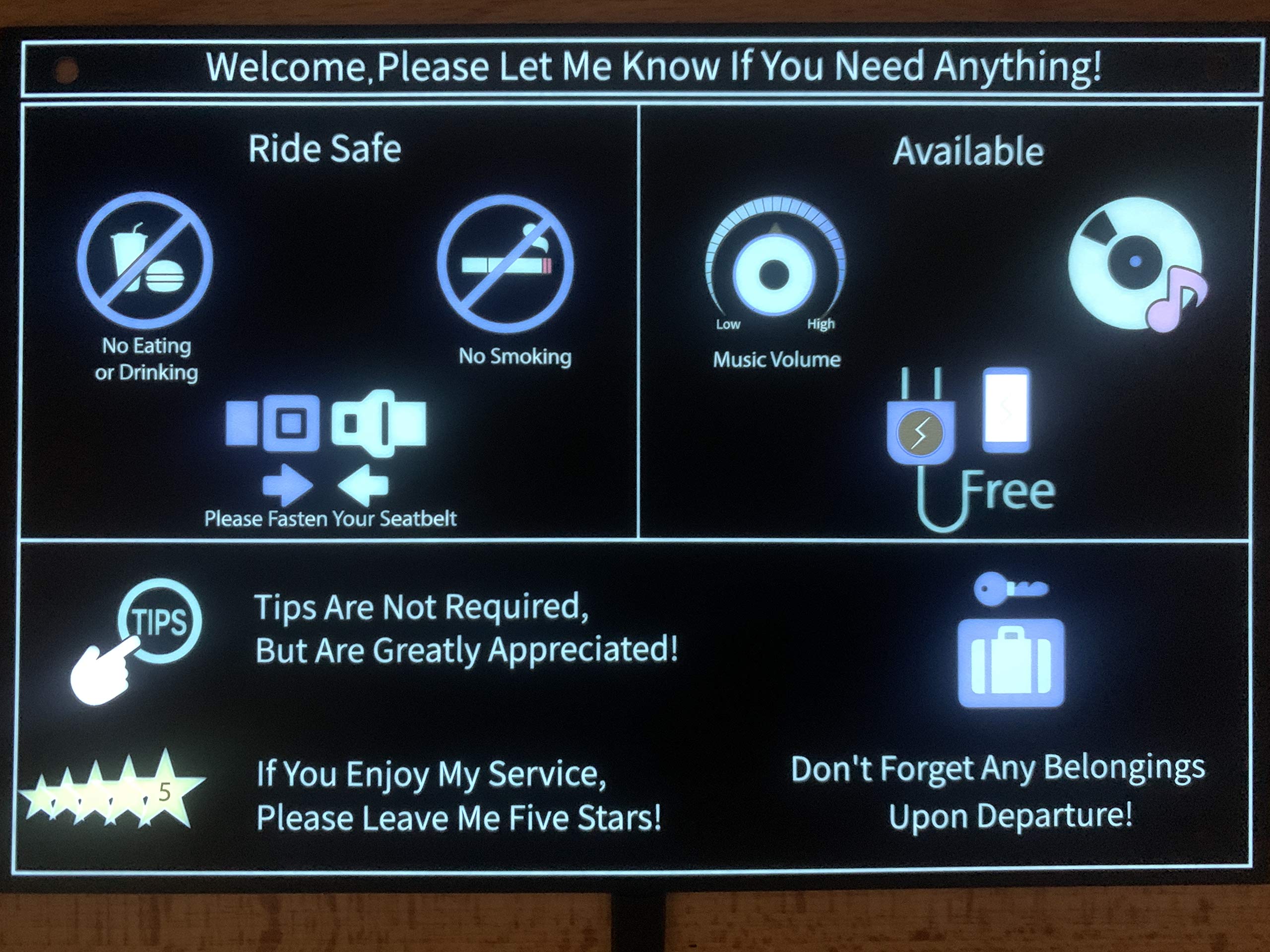 Uber Rating TAXI Tips Rideshare ILLUMINATED Driver Sign - Large L.E.D Backseat Headrest Display
