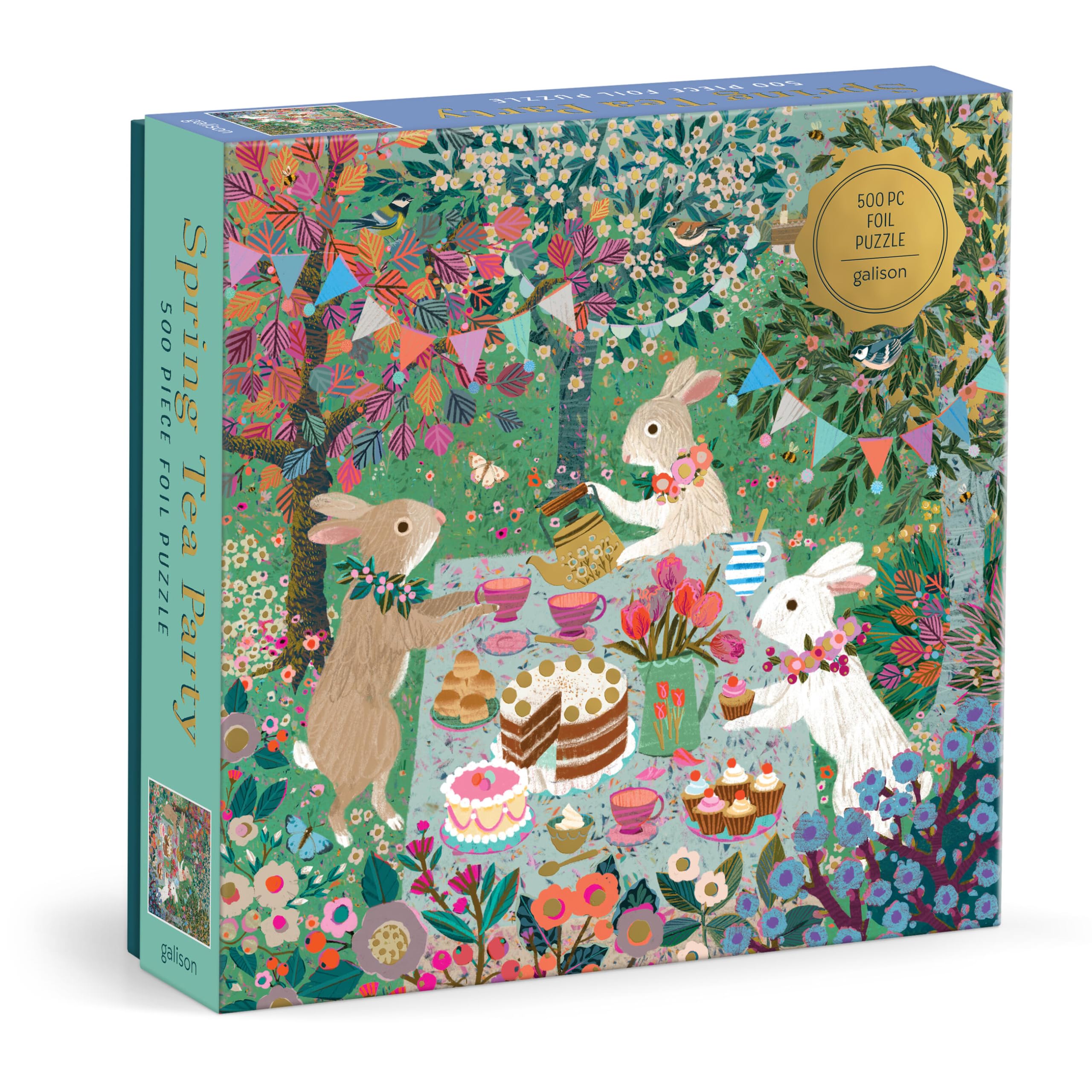 Photo 1 of Galison Spring Tea Party – 500 Piece Foil Jigsaw Puzzle Featuring Beautiful Artwork of Rabbits Enjoying A Tea Party
