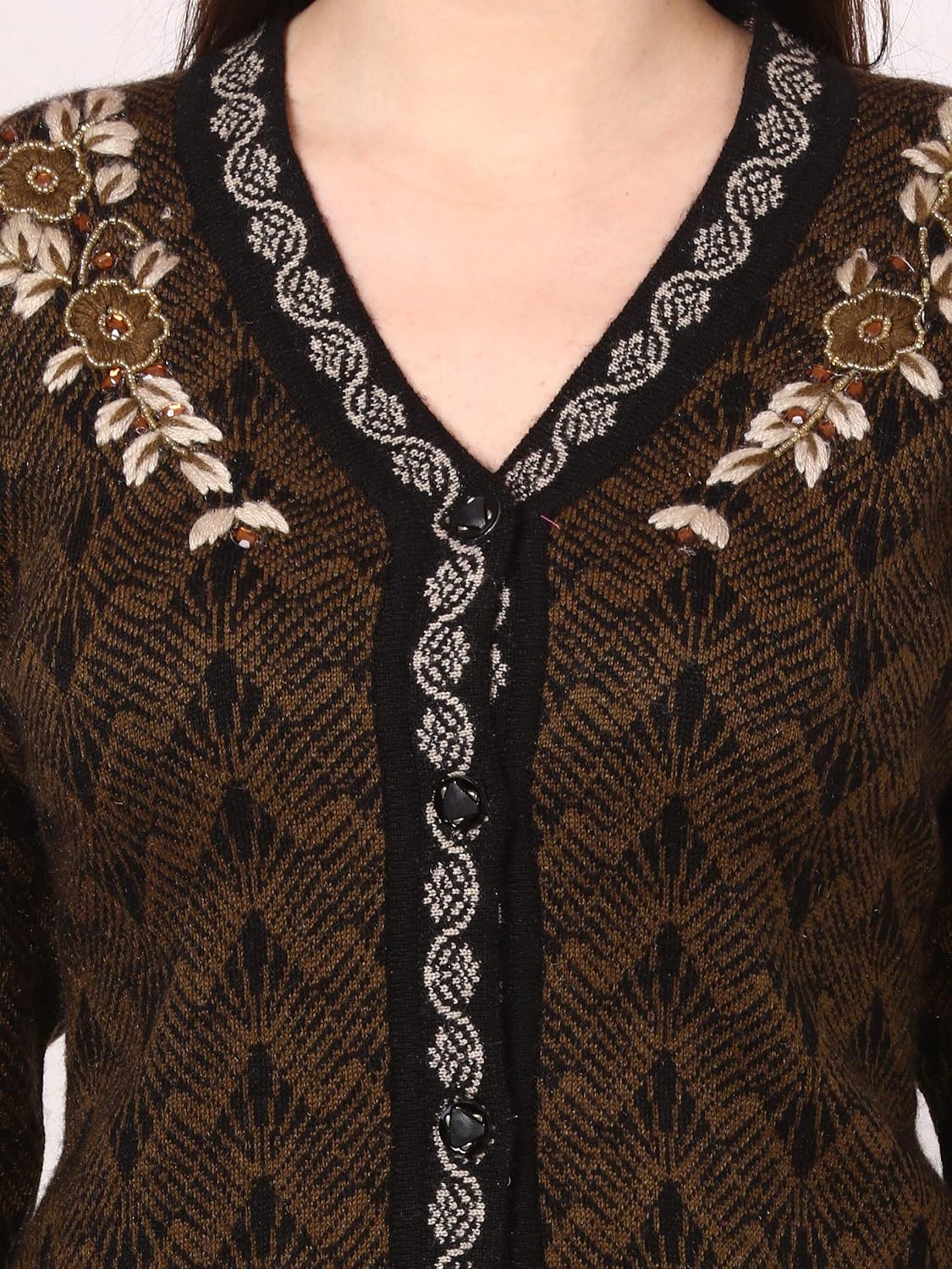 saadgi women's woollen printed warm knitted cardigan with beads detail work