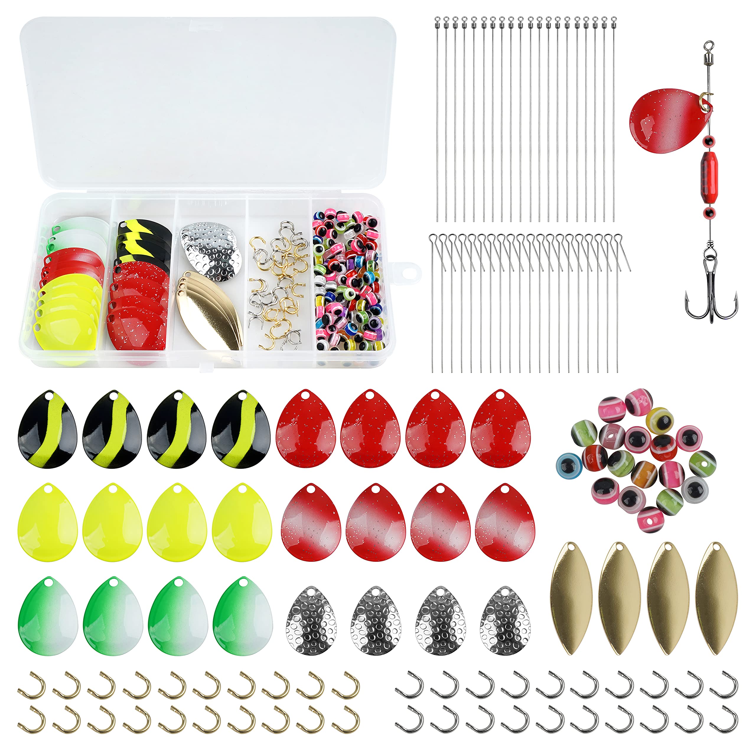 Fishing Lures Making Kit Spinner DIY Making Kit, 208pcs Inline Spinner Parts Assortment Shaft Clevis Spoon Sequins DIY Fishing Lure Making Supplies Tackle Kit