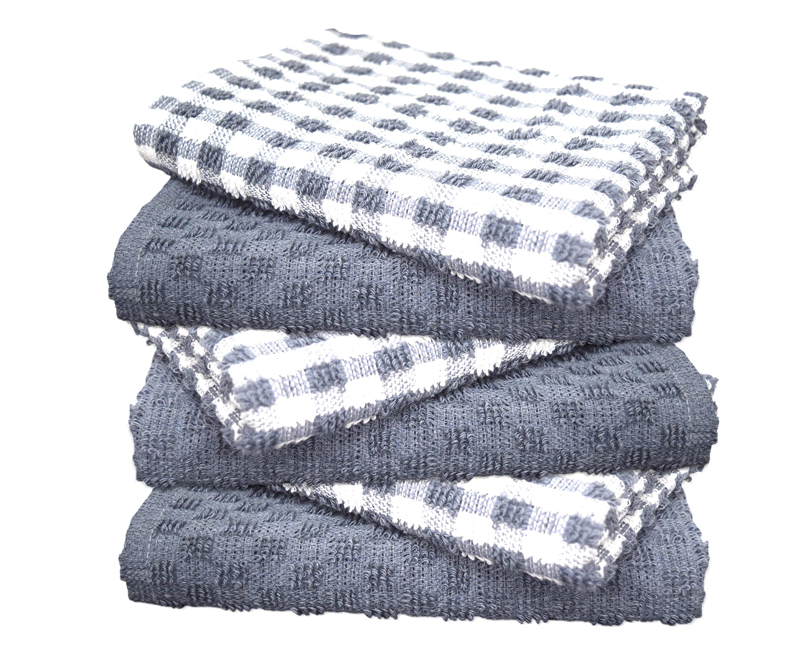 A & B TRADERS 100% Cotton Terry Tea Towels Packs (Sets of 2, 3, 6, 12 or 15) Egyptian Mono Check Superdry Soft Professional Hotel Quality Kitchen Dish Cloth (SILVER, 6)