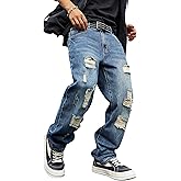 MZNBURAM Men's Ripped Regular Fit Straight-Leg Jeans - Streetwear Y2K Hip Hop Distressed Non-Stretch Denim Pants