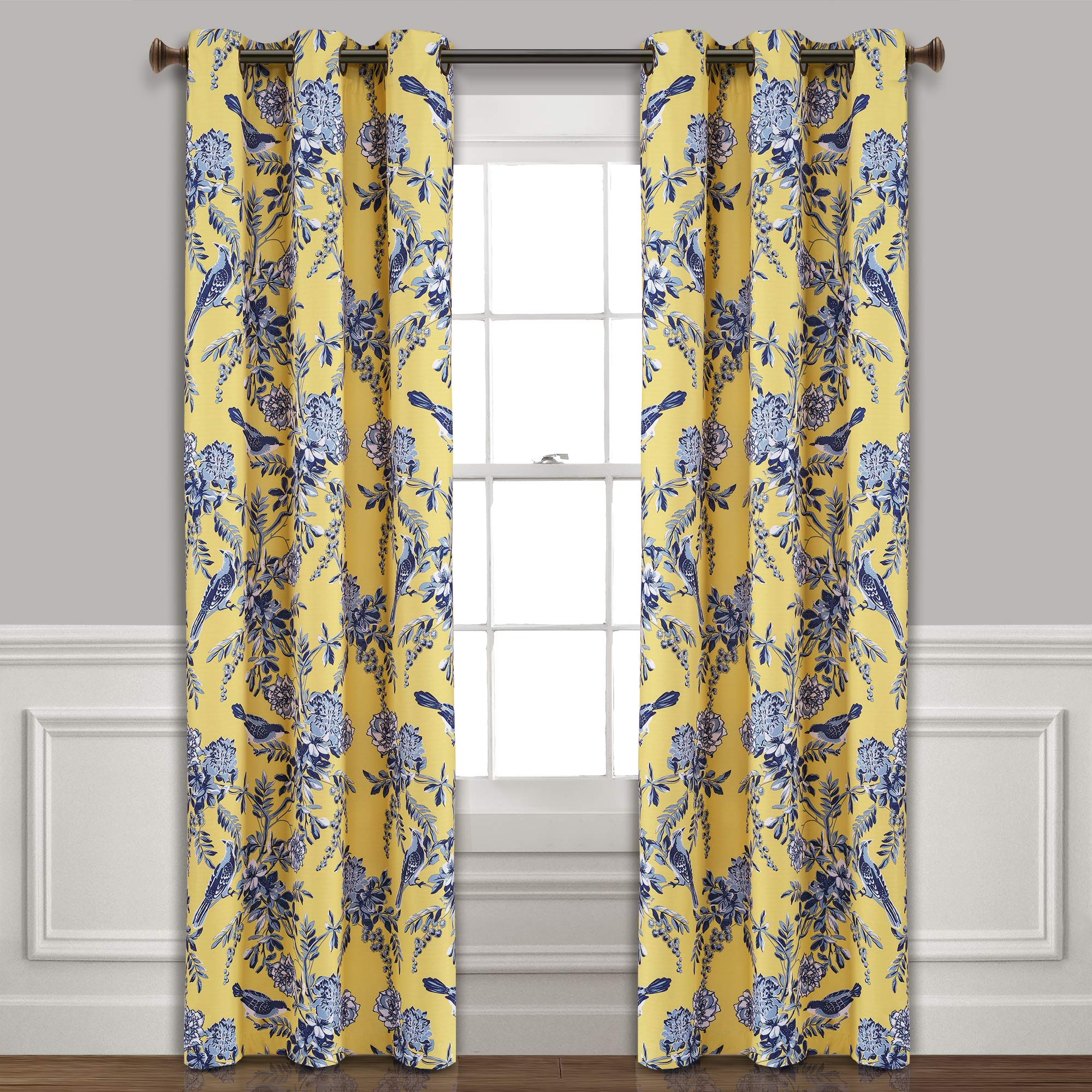 Lush Decor, Yellow and Blue Farmhouse Bird and Flower Insulated Grommet Blackout Window Curtain Panel Pair, 95'' x 38', 95 in x 38