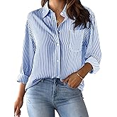 CUNLIN Grade 4 Wrinkle-Resistant Women's Button Down Shirts Striped Long Sleeve Collared Blouses Tops with Pocket