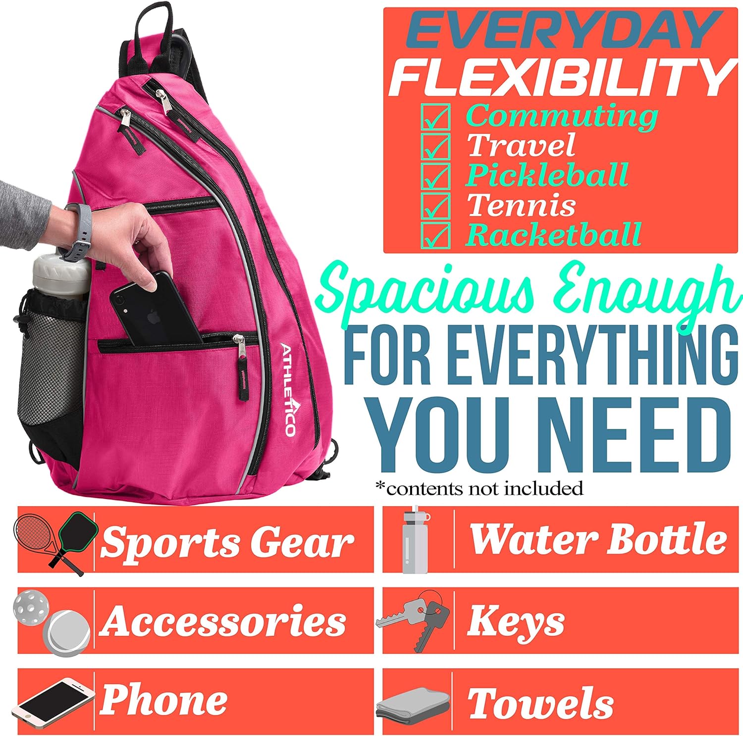 Athletico Sling Bag - Crossbody Backpack for Pickleball, Tennis, Racketball, and Travel for Men and Women (Pink): Clothing