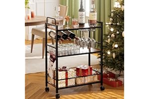Homedawn Bar Cart, Serving Cart for Home, Microwave Cart, Drink Cart, Mobile Kitchen Shelf with Wine Rack and Glass Holder, Rolling Beverage Cart for Dining Room(Rustic Brown and Black)