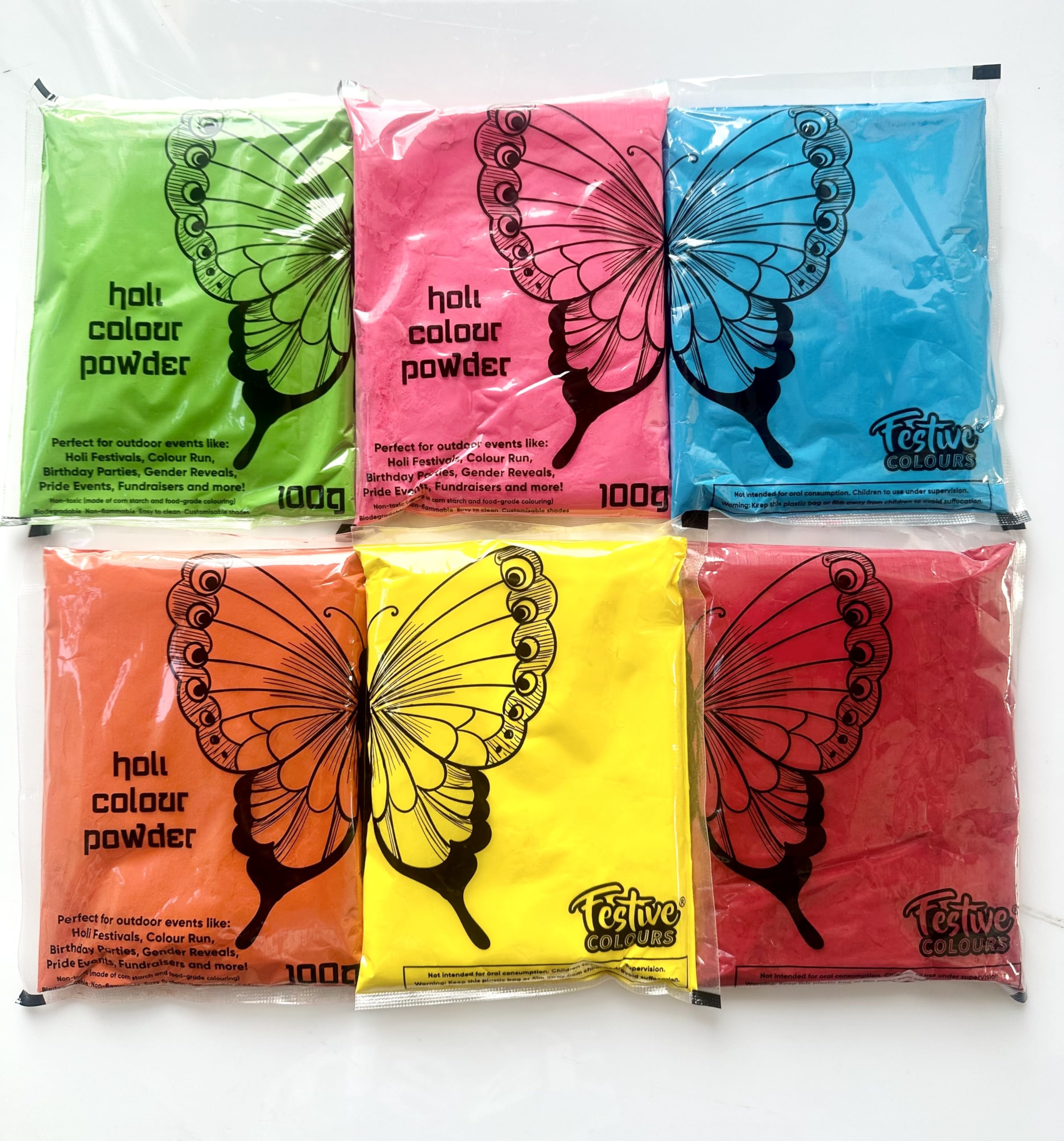 6 X100gms HOLI COLOURED POWDER FOR COLOUR RUN, GENDER REVEAL AND VARIOUS ART