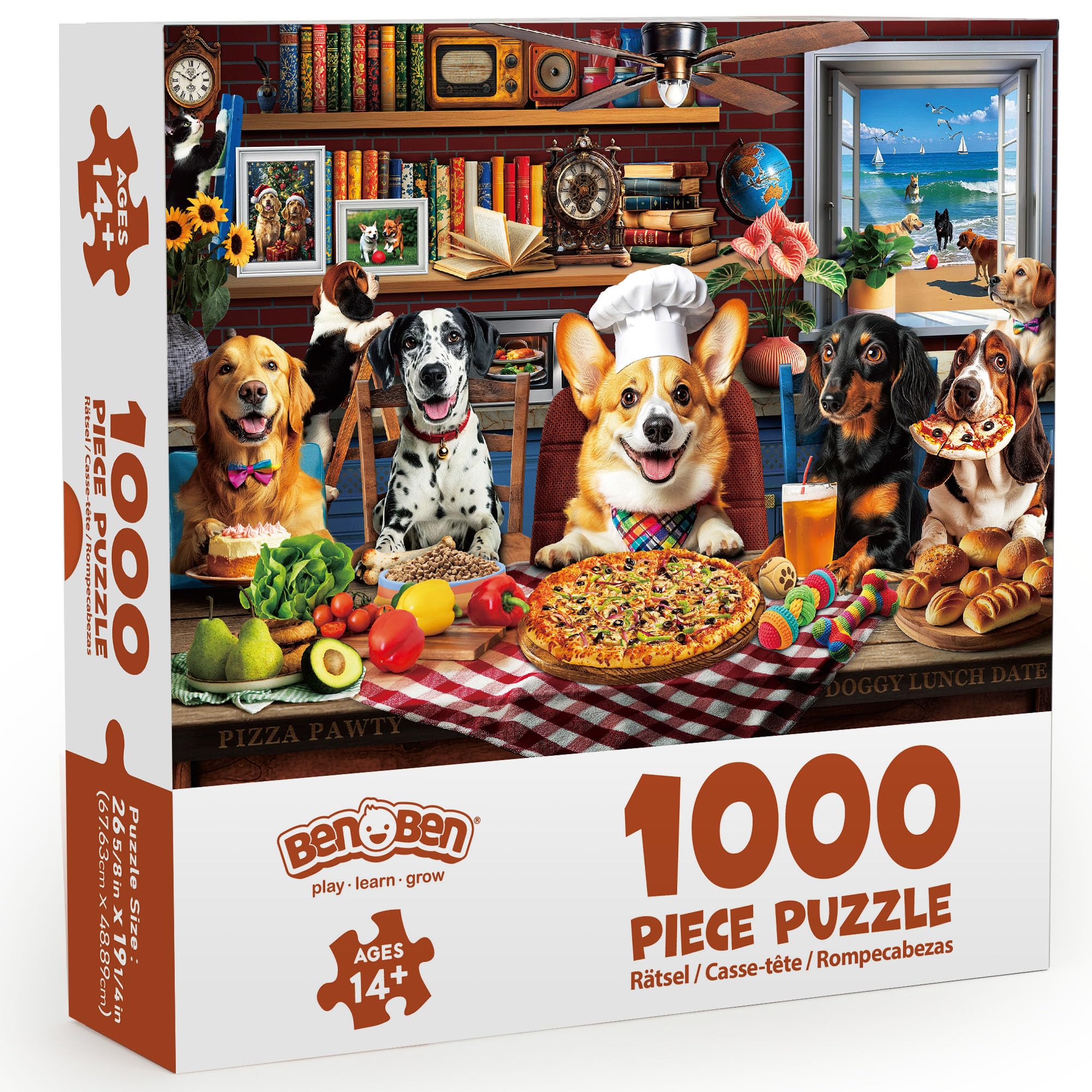 BenBen Puzzles for Adults 1000 Pieces, Dogs' Dinner Party, Dog Jigsaw Puzzle with Letters on Back, Funny Animal Puzzle, Challenging Puzzles for Family Game Night, Home Décor