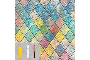 QHYSUNSHINE QHY Sunshine Colorful Rainbow Stained Glass Window Film Non-Adhesive Window Privacy Film Reusable Decorative for Room (Chequered Rainbow, 17.5 X 78.7 in)