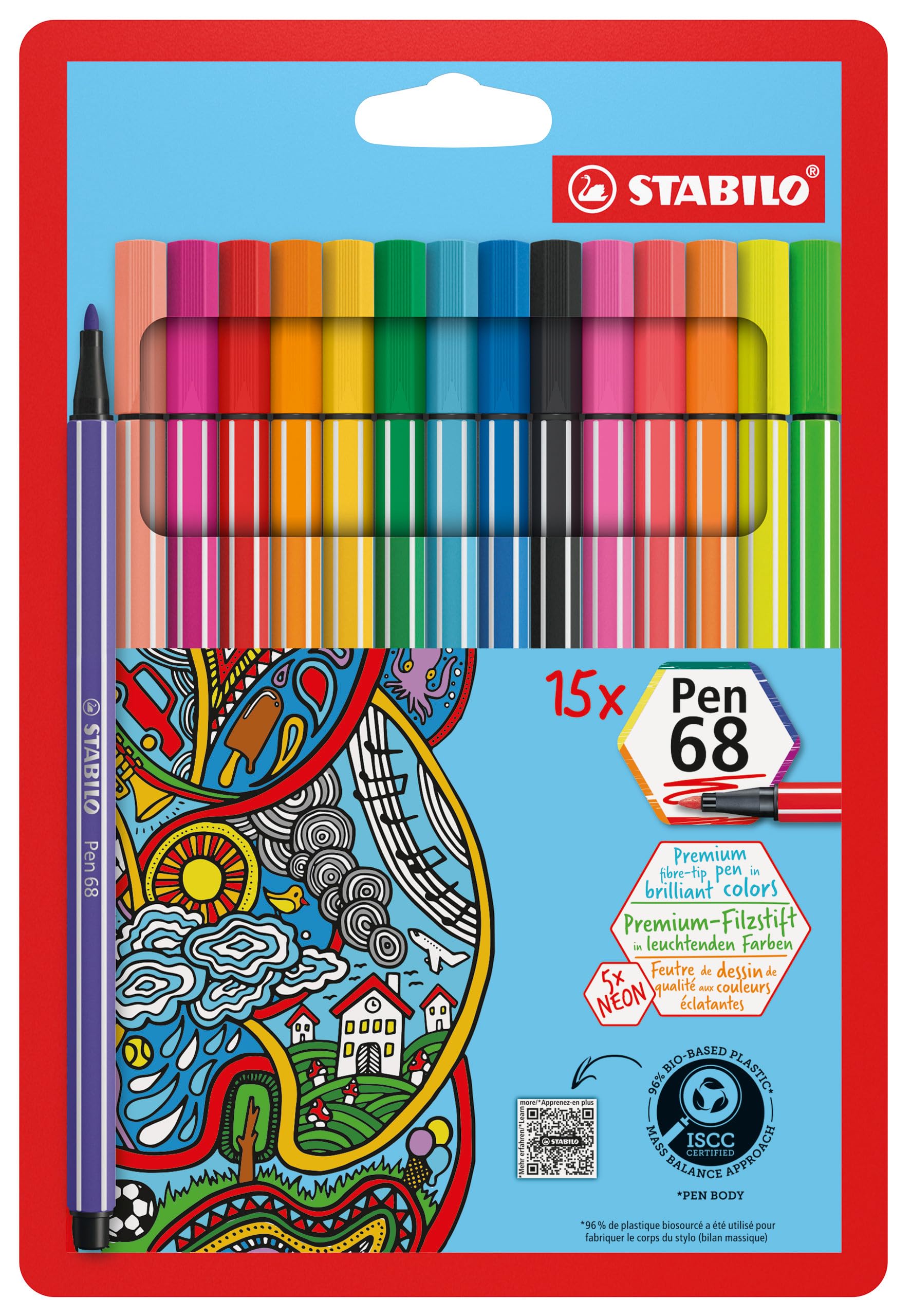 STABILO Pen 68 - Premium Fibre-Tip Pen - Pack of 15 - Assorted Colours including 5 Neon Colours — image 1