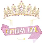Didder Pink and Gold Birthday Sash and Crown for Women Girls Birthday Girl Sash and Tiara Princess Birthday Party Decorations Headpiece Crown Headband for Girls