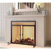 Calidola Fireplace Screen with Double Doors, Heavy Duty Steel Mesh Spark Guard, Baby Safe Wrought Iron Decorative Safety Screen for Wood Stoves &amp; Fireplaces