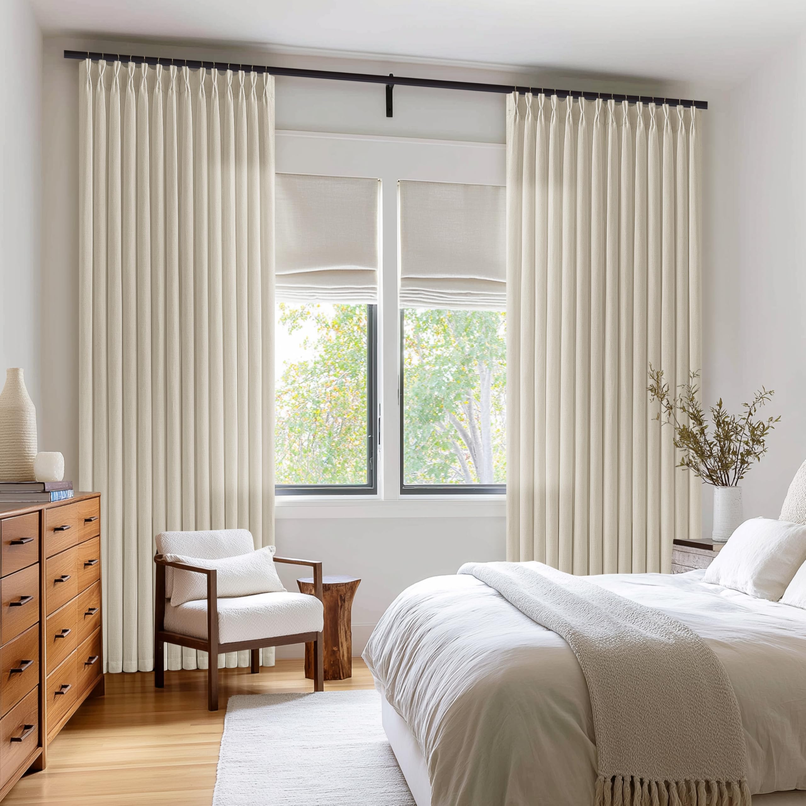 Photo 1 of 105 Inch Linen Curtains Pinch Pleated 2 Panels for Living Room Dining Light Filtering Semi Sheer Memory Trained Pinch Pleat Back Tab Bedroom Curtains Neutral Earthy Tone Flax Drapes Beige Tan Oatmeal