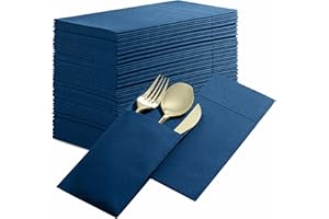 BLOOMINGOODS Disposable Linen-Feel Dinner Napkins with Built-in Flatware Pocket, 50-Pack DARK BLUE Prefolded Cloth Like Paper Napkins For Dinner, Wedding Or Party [Silverware NOT Included]