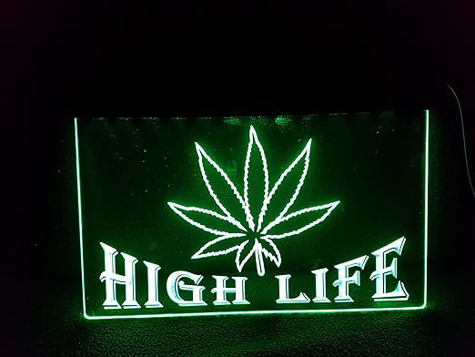 HIGH LIFE Leuchtschild LED Neu Schild Laden Reklame Neon Neonschild BAR DISCO Marijuana Gras