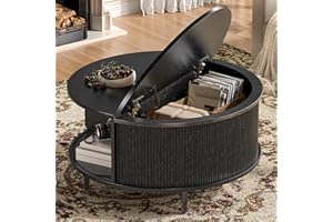 BEROXII Round Coffee Table, 31.5" Fluted Center Table with Storage, Lift-Top Coffee Table with Adjustable Footpads, Sliding Door, Mid-Century Modern Center Table for Living Room, Small Space (Black)