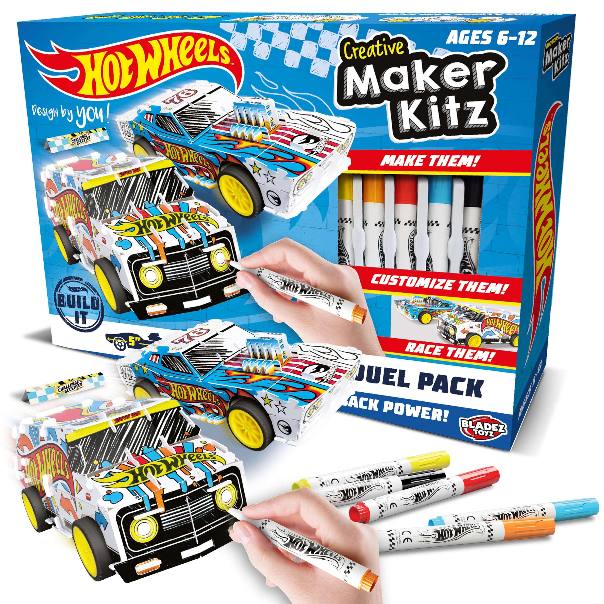 BLADEZ Hot Wheels Custom Racers, DIY Twin Pack, Make Your Own/Build Your Own, Pull Back Vehicles for kids, Customisable with pens and stickers, Creative Maker Kitz by Bladez Toyz