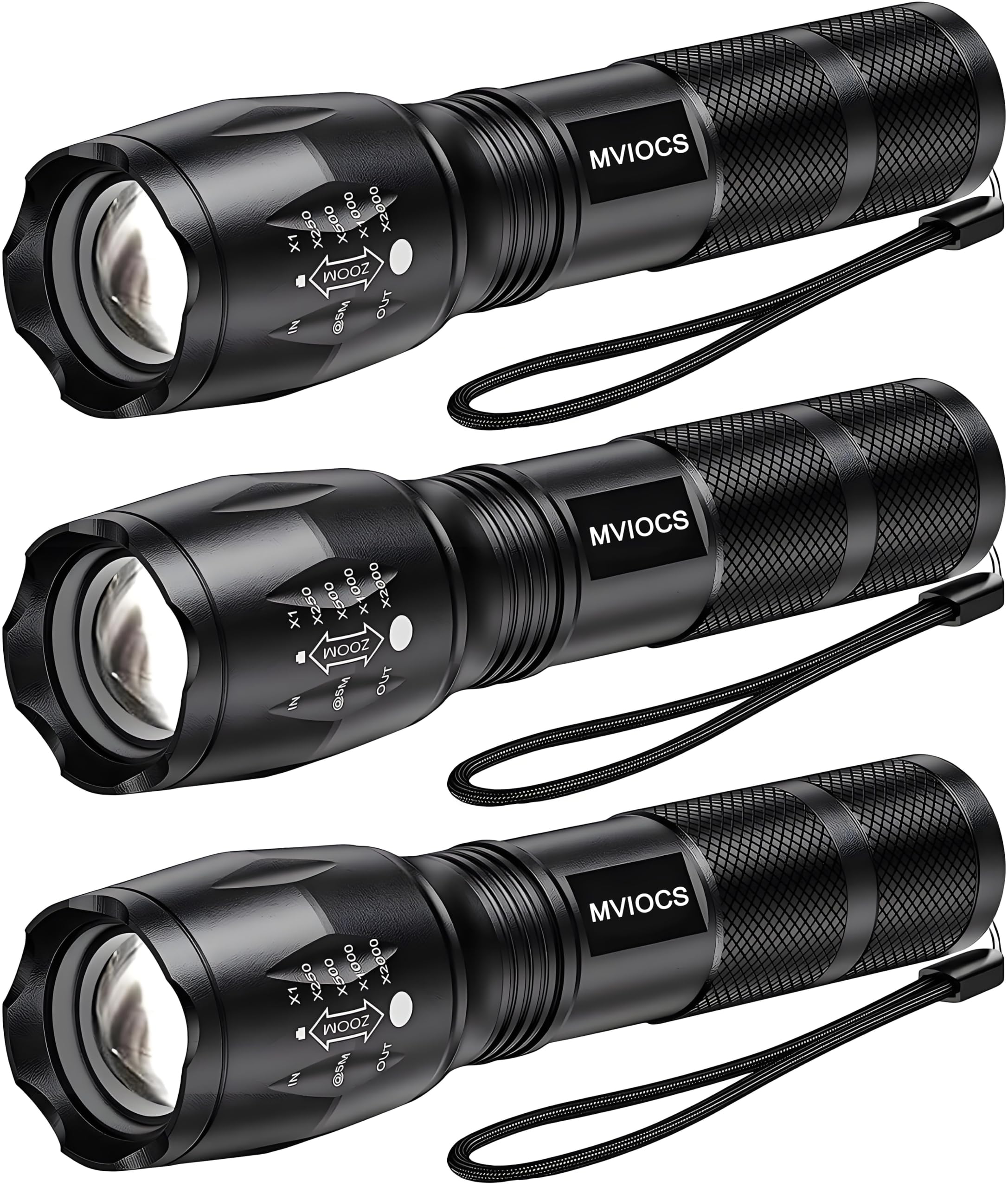 MVIOCS LED Flashlights 3 Pack, Tactical Flashlights High Lumens with 5 Modes, Mini Flashlights, Bright, Zoomable, Waterproof, Powerful for Home & Outdoor Use, Flashlight for Camping, Hiking
