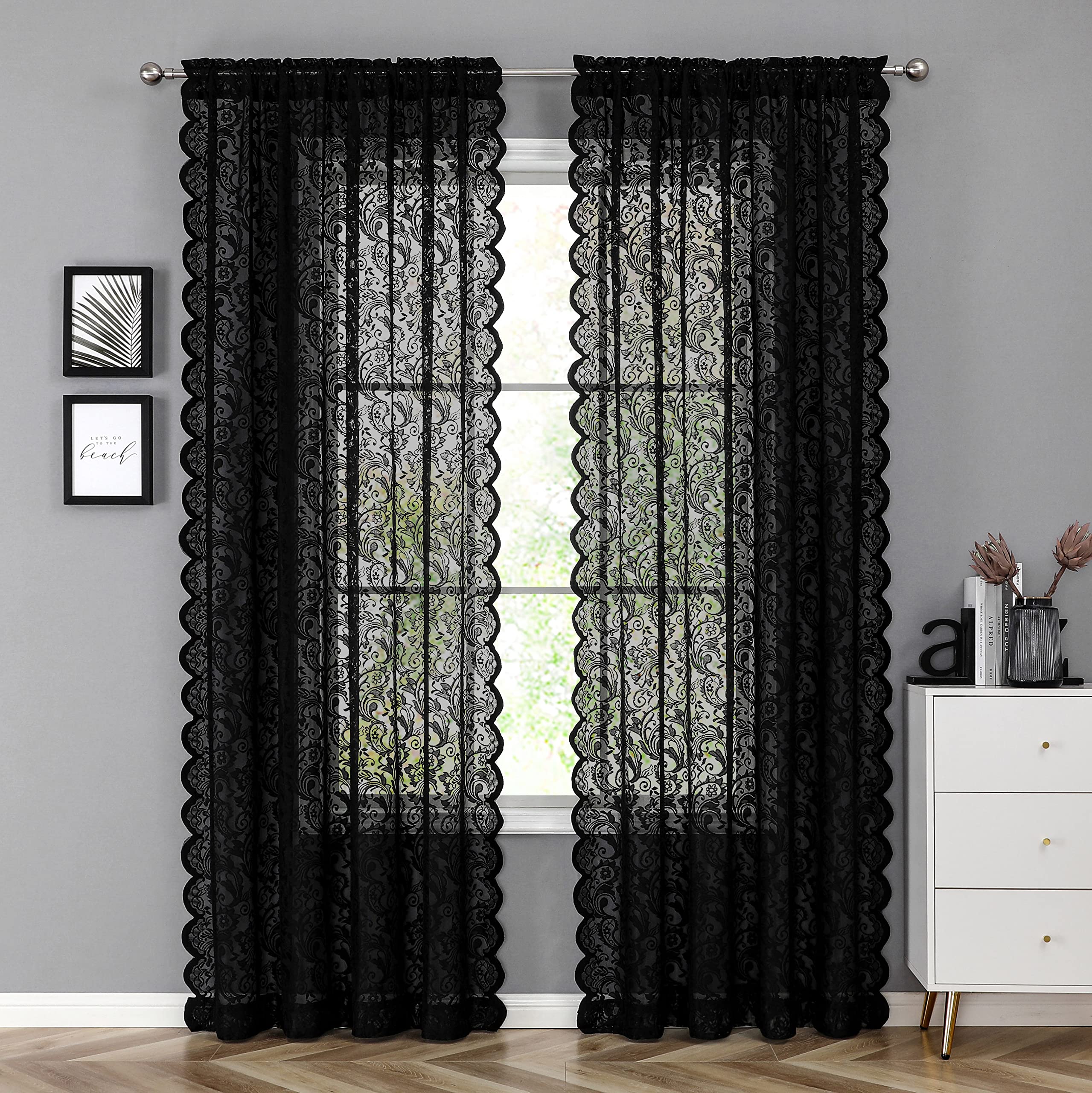 Bujasso Black Sheer Lace Curtains 72 inch Vintage Floral Sheer Gothic Curtain Panels for Living Room Bedroom Luxury Light Filtering Drapes Black Window Treatment Sets Rod Pocket 2 Panels 54" Wx72 L