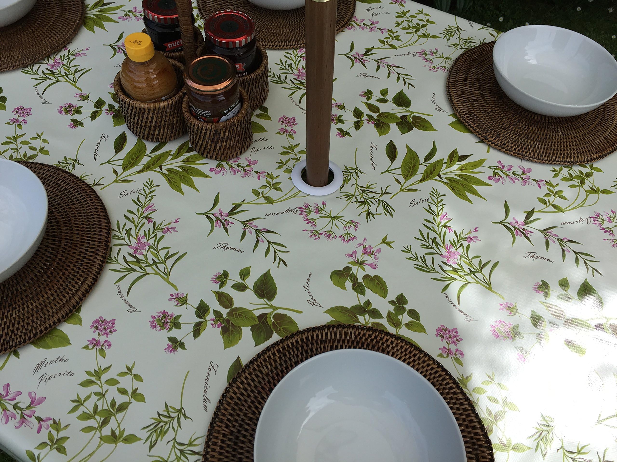 55x118" OVAL PVC/VINYL TABLECLOTH - HERB GARDEN WITH PARASOL HOLE
