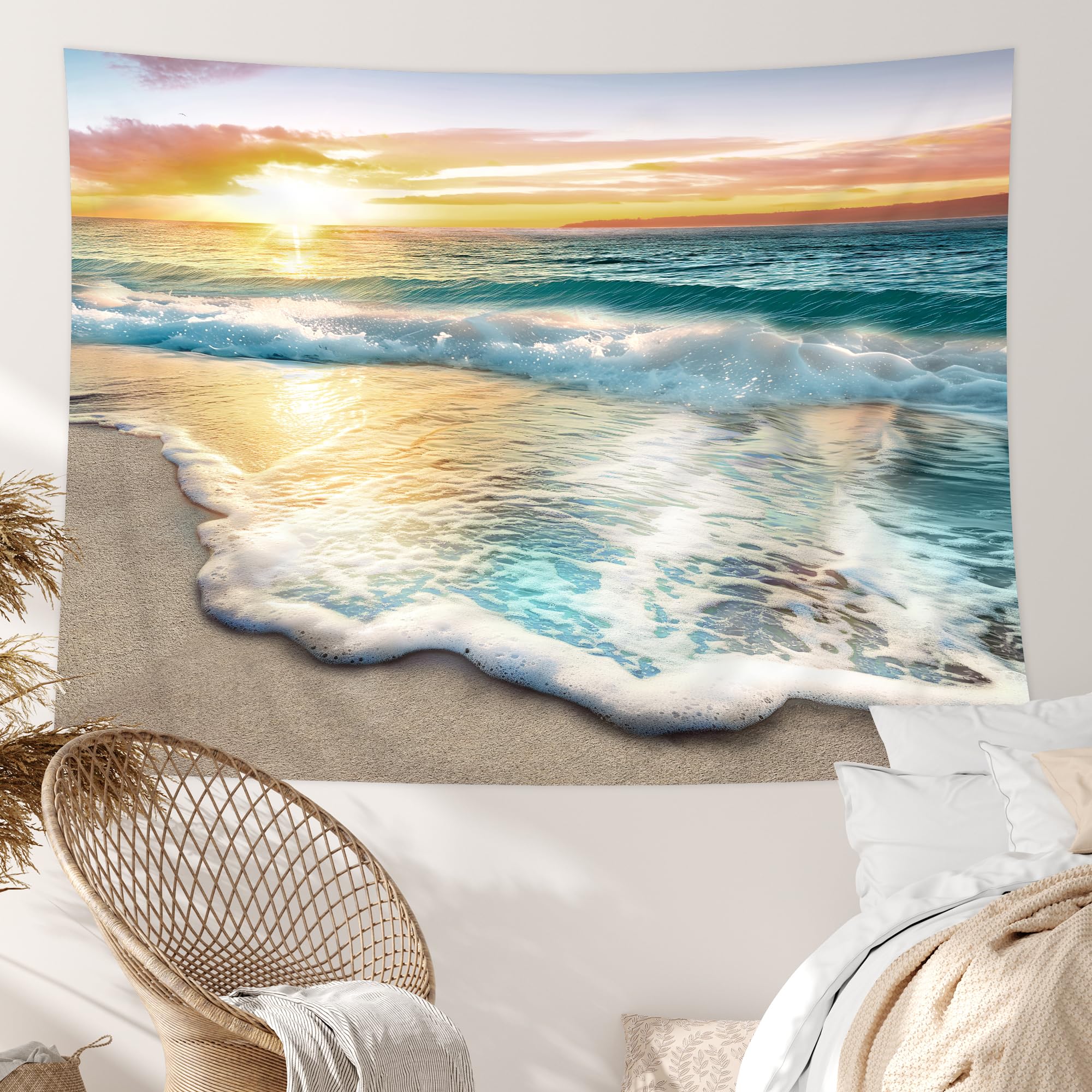 Riyidecor Beach Ocean Sunset Sunrise Coastal Tapestry for Bedroom Extra Large Wall Decor 71Hx91W Inch Summer Hawaiian Sea Wave Seaside Sunbeam Seashore Skyline Wall Hanging Dorm Living Room BB-JWXP