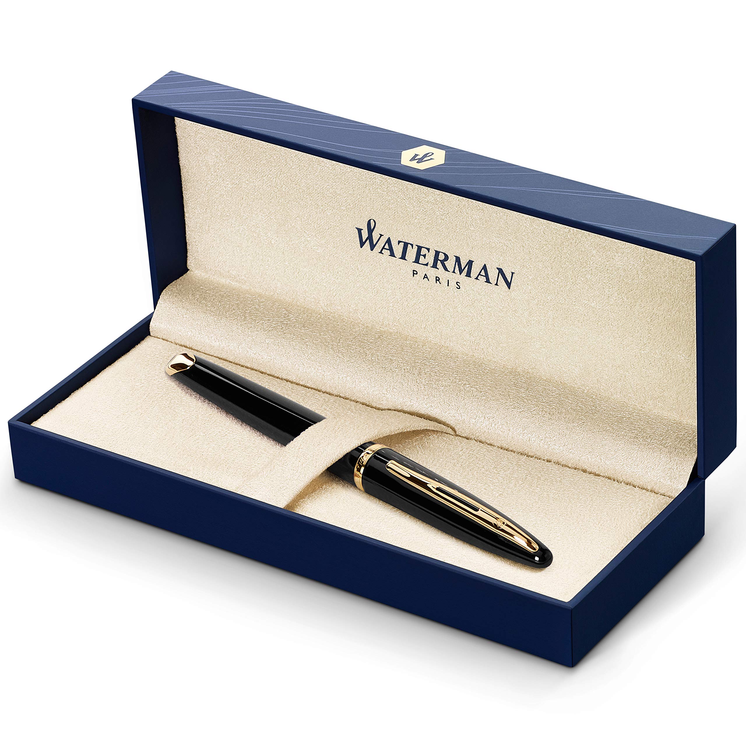 Waterman Carène Black Sea Fountain Pen | High-Gloss Black & 23k Gold Clip | Medium Nib with Blue Ink Cartridge | Gift Box — image 1