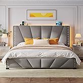 EnHomee King Size Bed Frame, Velvet King Bed Frame and Headboard with Charging Station, Led Light, Platform Bed Frame for Bedroom, Apartment, Dorm, Noise-Free, Easy Assembly, Gray