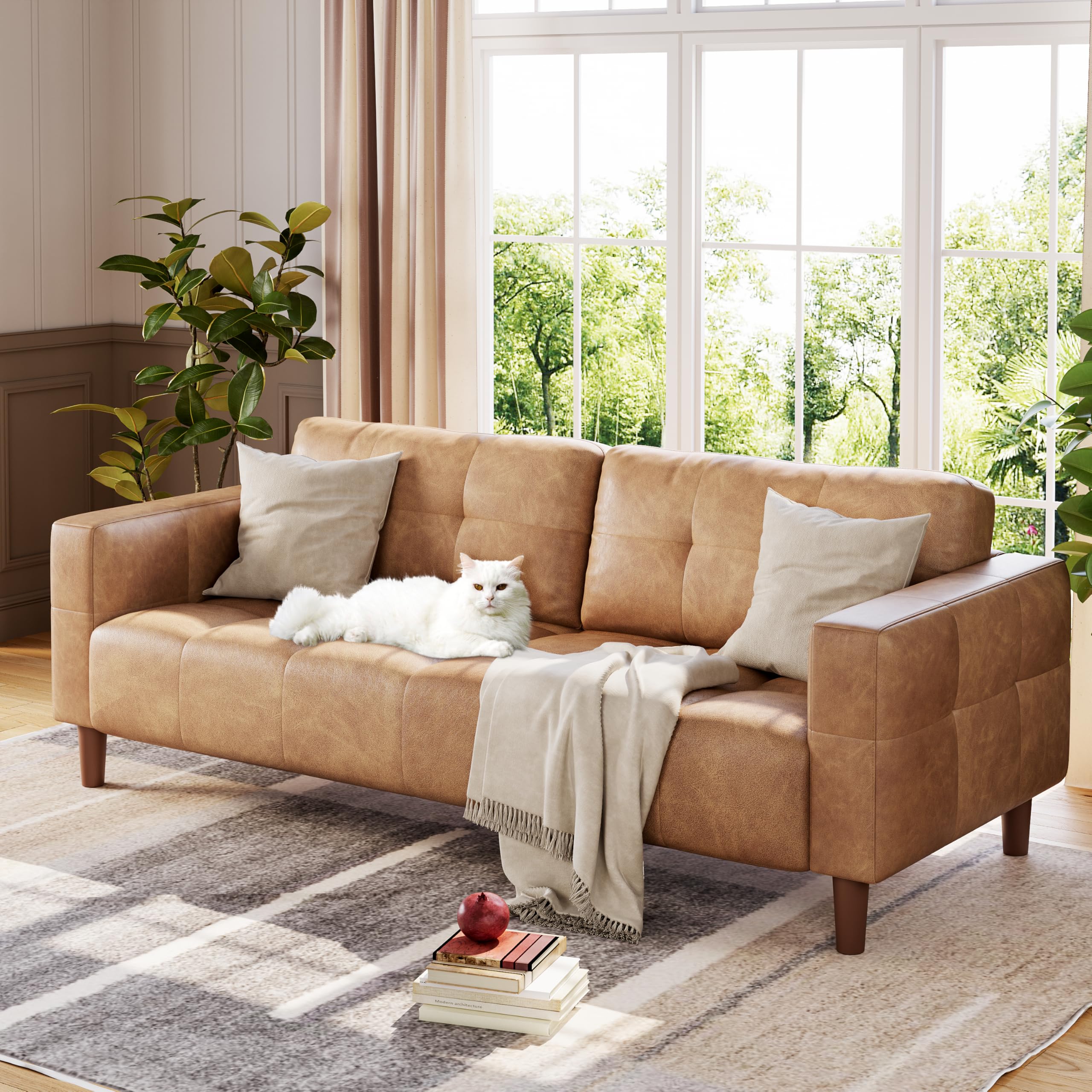 Photo 1 of **MISSING ONE LEG. BOTTOM FABRIC TORN**  GarveeHome 3-Seater Sofa Couch, 83 in Wide Faux Leather Sofa Couch with Spring Cushion, Modern Sofa with Deep Seats and 2 Removable Back Cushions, for Living Room, Bedroom, Apartment, Office, Brown