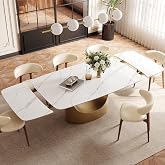 Extendable Dining Table for 6/8/10, Glossy Sintered Stone Top, Bronze Base | 63"-95" Expandable Modern Dining Room Table, White Rectangular Kitchen Table, Gold Pedestal, Rounded Corners for Dinner&amp;Party