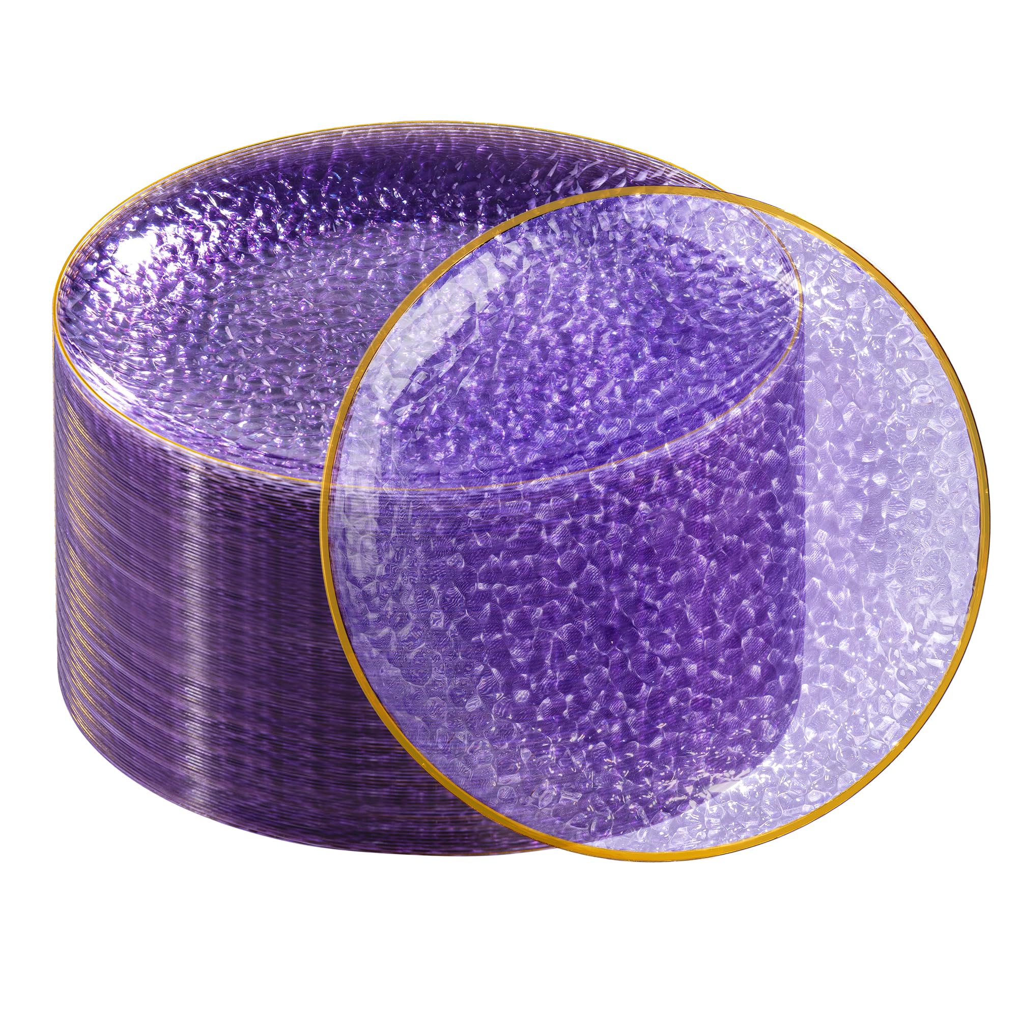 Photo 1 of **FACTORY SEALED** DaYammi 100 Pcs Purple Gold Plastic Plates - 10 inch Clear Purple Gold Dinner Plates - Hammer Pattern Design - Fancy Disposable Plate - Heavy Duty Party Plate Ideal for Wedding