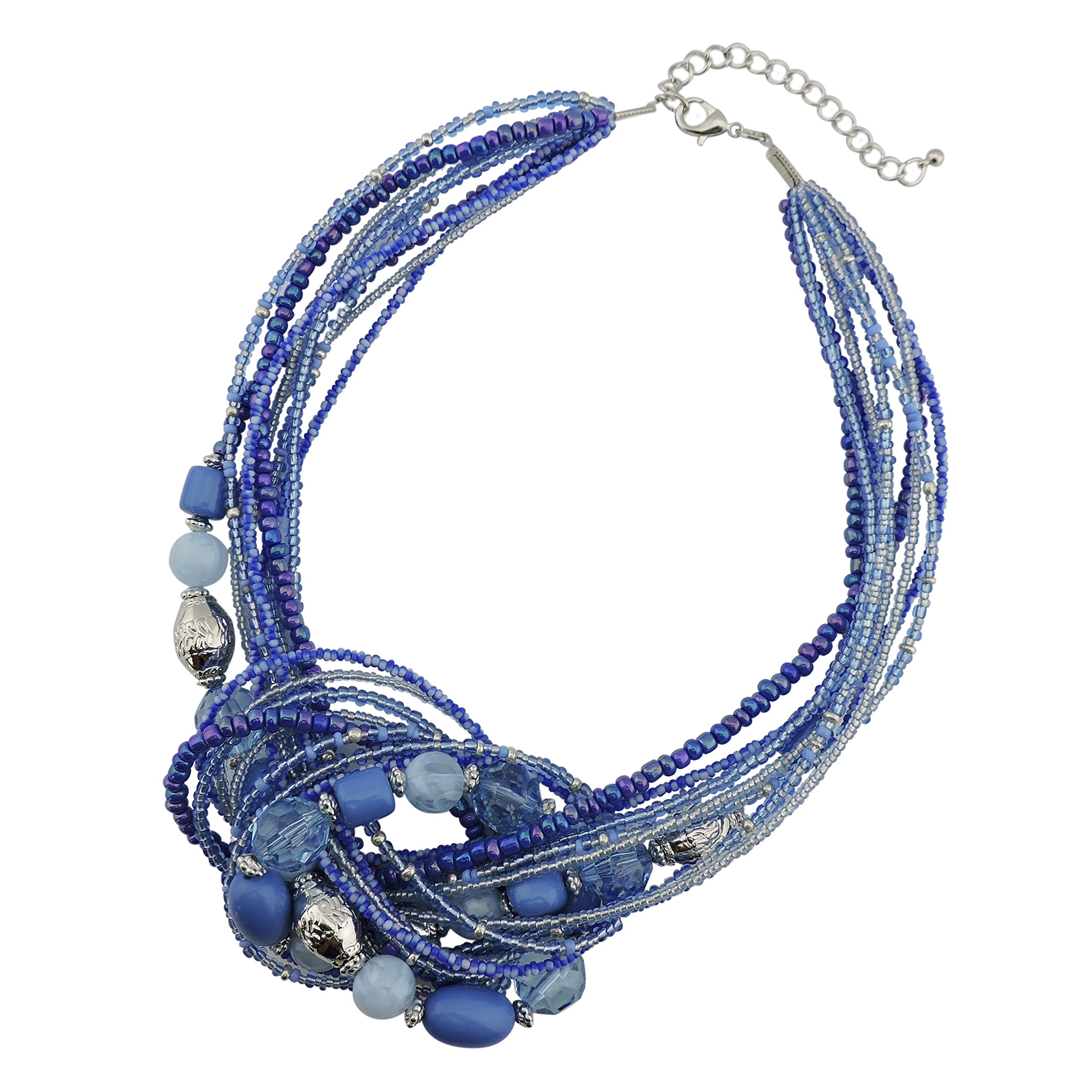 BOCAR Aquamarine Seed Beads Antique Gold Multilayer Statement Collar Necklace (NK-10345-Royalblue)