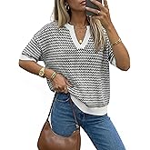 Arach&Cloz Women's 100% Cotton Polo V Neck Striped Short Sleeve Spring Casual Pullover Sweaters 2026