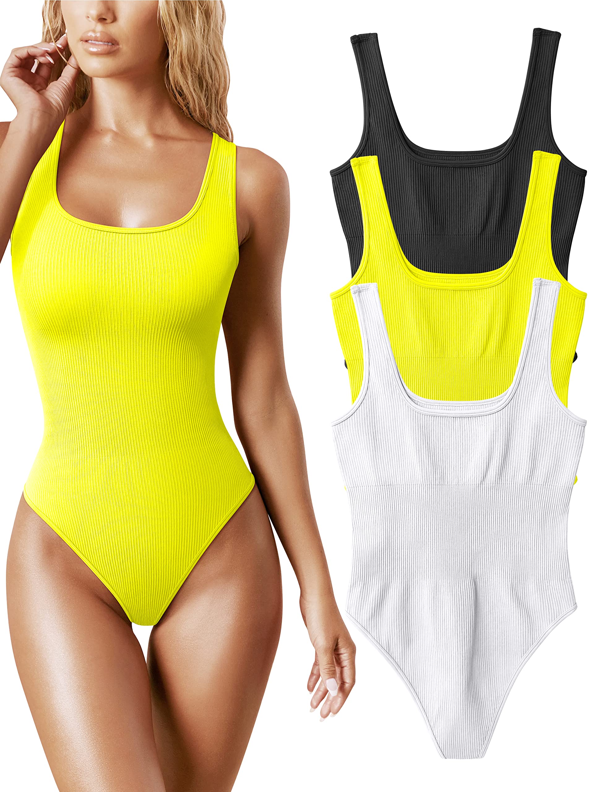 Photo 1 of OQQ Women's 3 Piece Bodysuits Sexy Ribbed Sleeveless Square Neck Tank Tops Leotard 2025 Trendy Outfits Black Yellow White