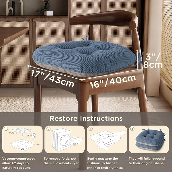 MINECOZY INDOOR DINING CHAIR CUSHIONS SET OF 6 KITCHEN CHAIR PADS WITH TIES TUFTED SEAT CUSHION WITH ANTI-SLIP BACKING 17″X16″X3″ LIGHT BLUE