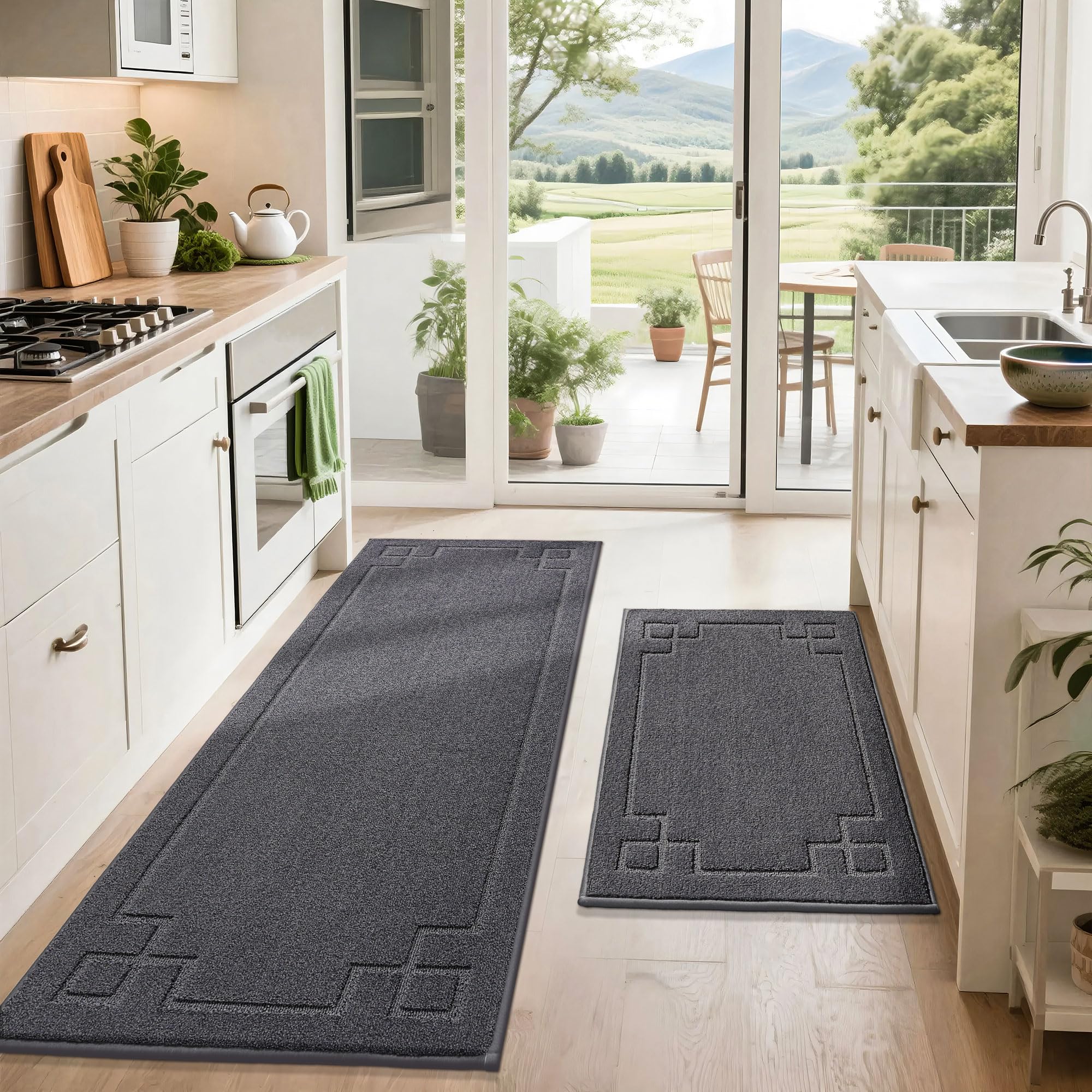 Photo 1 of BEQHAUSE Kitchen Rugs Non-Slip Washable Rug Sets of 2, Machine Washable Kitchen Mats Absorbent Soft Kitchen Runner Rugs for Floor,Sink,Hallway,Laundry,24”x36”+24”x60”, Dark Grey