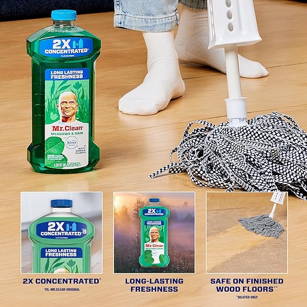 MR. CLEAN ALL PURPOSE CLEANER, FLOOR CLEANER FOR MOPPING HOME, BATHROOM, & KITCHEN, CLEANING LIQUID FOR MOP & BUCKET, CLEANING SUPPLIES, MULTI-SURFACE DILUTABLE, MEADOWS & RAIN, 41OZ