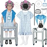 SOMSOC 13 Pcs Old Lady Costume for Kids Girls 100th Day of School Grandma Costume Granny Dress with Shawl Wig for Cosplay