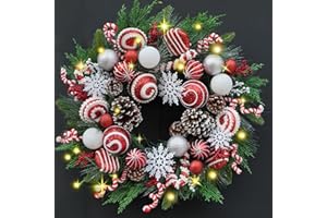 Bloeien 24 Inch Artificial Christmas Wreath for Front Door, Red White Wreath with Christmas Balls Peppermint Candy Snowflakes Xmas Decorations for Winter Wall Outdoor Home Holiday Decor