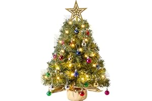JOIEDOMI 24"/2FT Small Tabletop Christmas Tree with Lights with Star Treetop and Hanging Ornaments, Pre-lit Artificial Christmas Green LED Mini Tabletop Tree for Xmas Decorations Indoor Outdoor