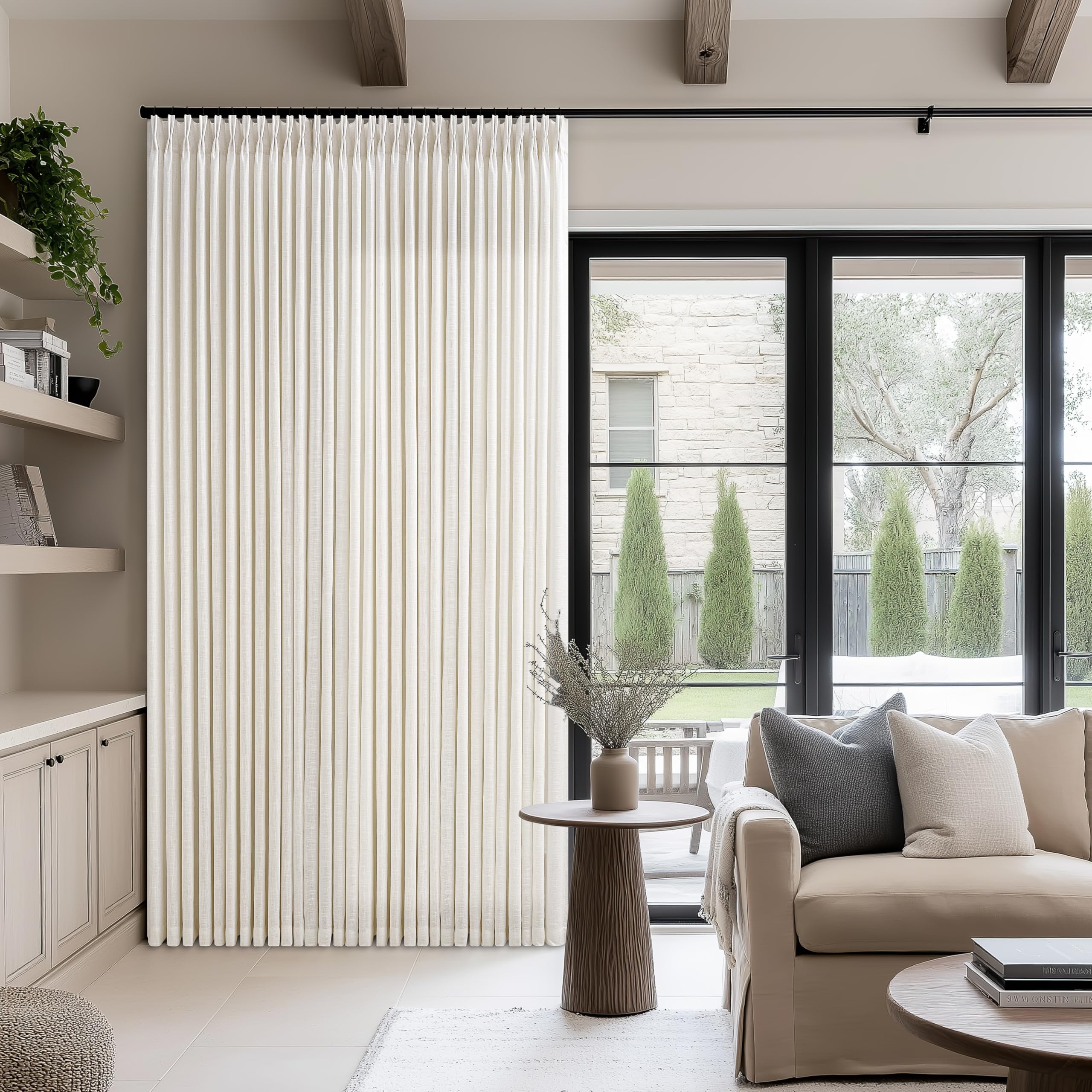 Photo 1 of Pinch Pleated Extra Wide Linen Curtains 84 Inches Long for Patio Sliding Glass Door Cream Beige 84 Inch Wide Pleated Drapes with Hooks Rings Neutral Natural Semi Sheer 84 x 84 Curtain for Living Room