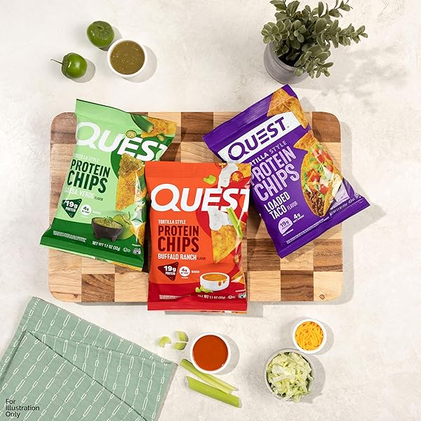 QUEST NUTRITION GAME DAY TORTILLA STYLE PROTEIN CHIPS VARIETY PACK, BUFFALO RANCH X4, SALSA VERDE X4, LOADED TACO X4, 12 COUNT