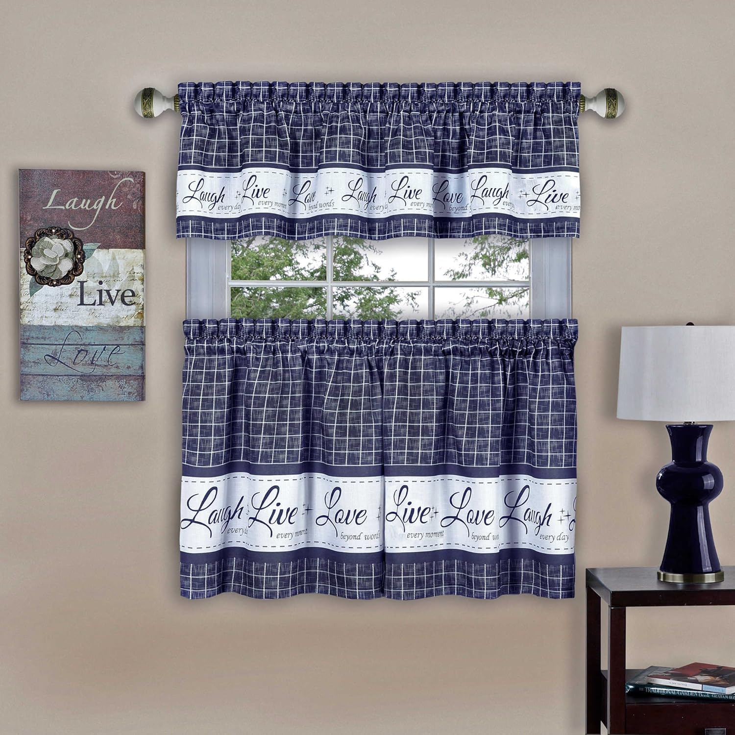 Achim Home Furnishings Achim Home Imports Live, Love, Laugh Window Curtain Tier Pair and Valance Set, Pair & Valance 58" x 24", Navy