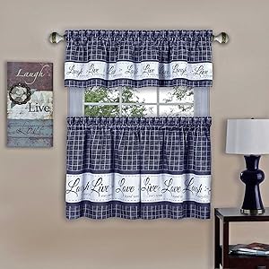 Achim Home Furnishings Achim Home Imports Live, Love, Laugh Window Curtain Tier Pair and Valance Set, Pair & Valance 58" x 24", Navy